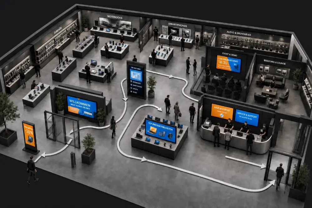 Digital Signage im Handel entlang der Customer Journey mit Displays für Kundeninformation und Verkaufsförderung