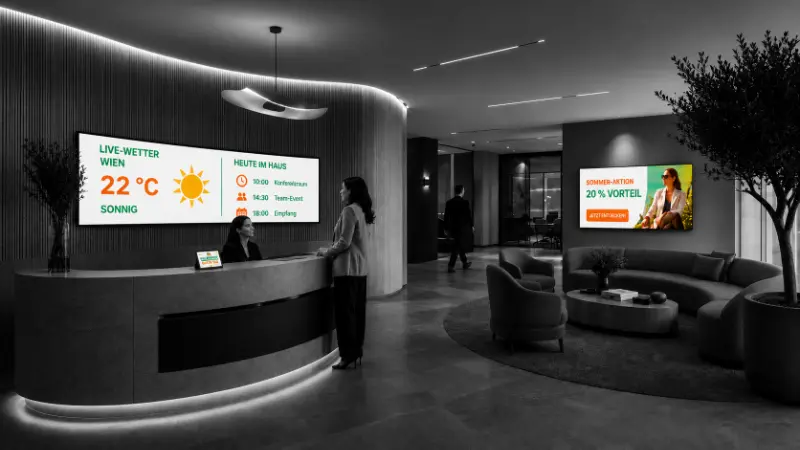 Digital Signage Empfangssystem mit Informationsdisplays in einer modernen Unternehmensumgebung