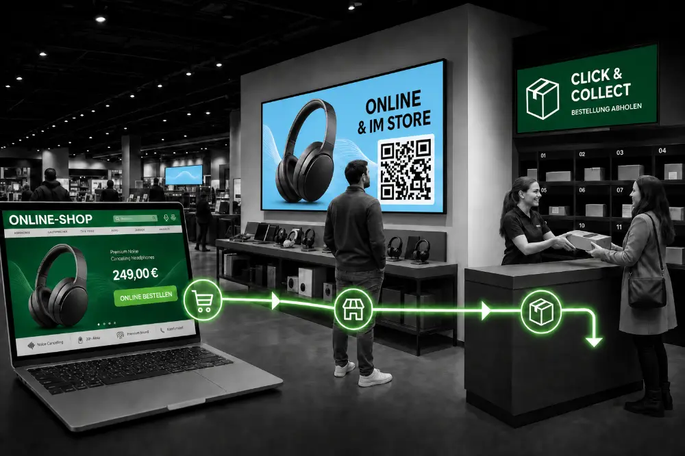 Digital Signage im Handel mit Omnichannel-Verbindung zwischen Store und Online-Shop