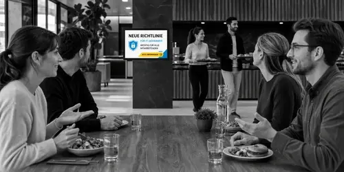 Digital Signage Unternehmenskommunikation mit aktuellen Informationen und Live-Feeds in der Kantine.