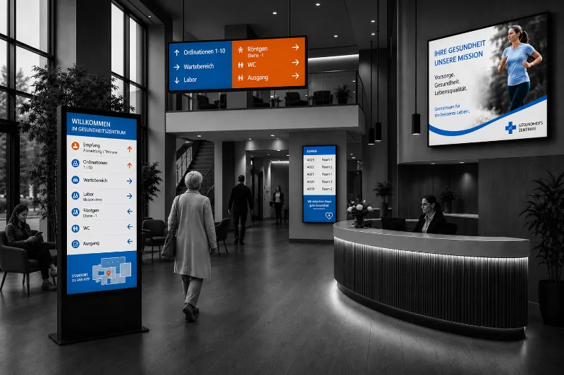 Digital Signage im Gesundheitswesen mit Informationsdisplays für Empfang, Orientierung und Patientenkommunikation